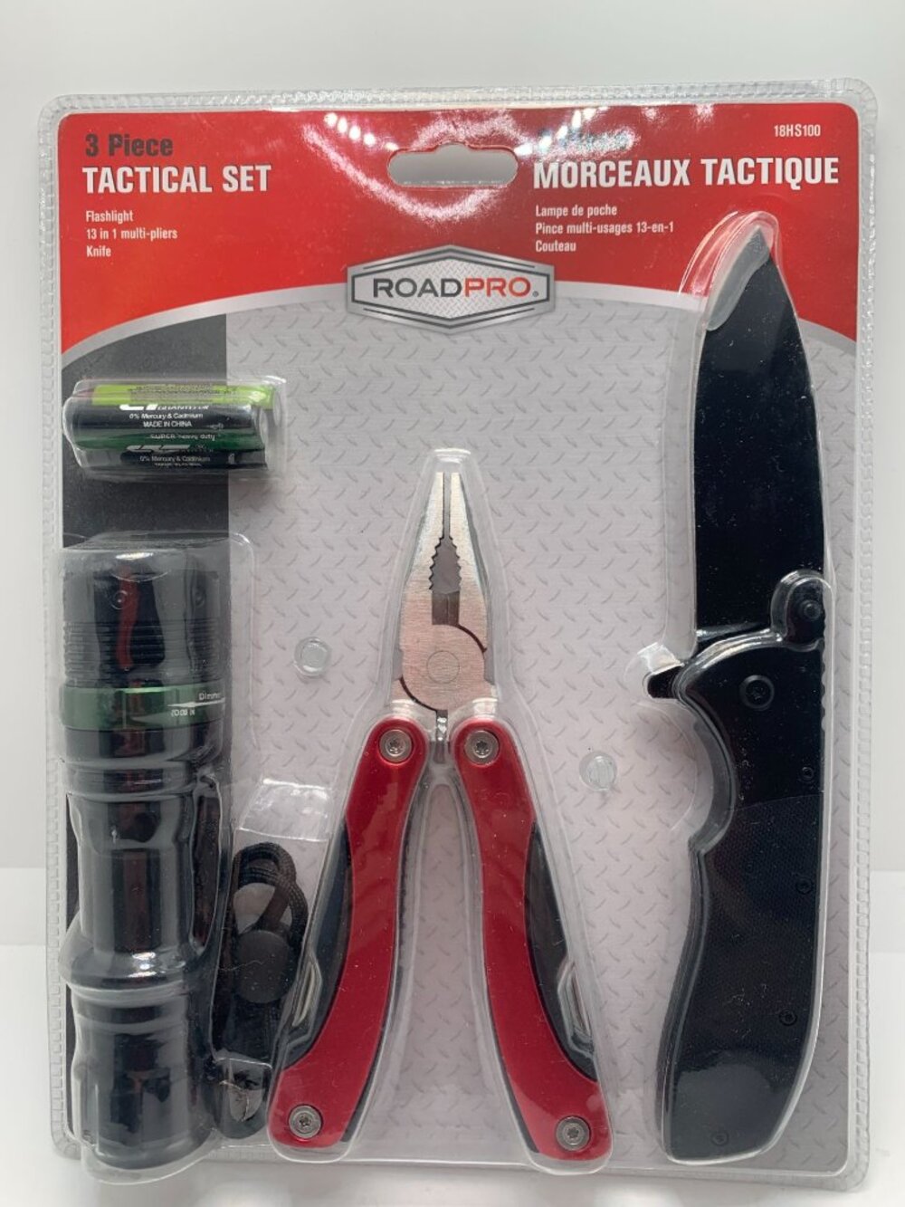 Roadpro 3-Piece Tactical Set W/ Flashlight Multi-Tool Knife Black/Red Stainless